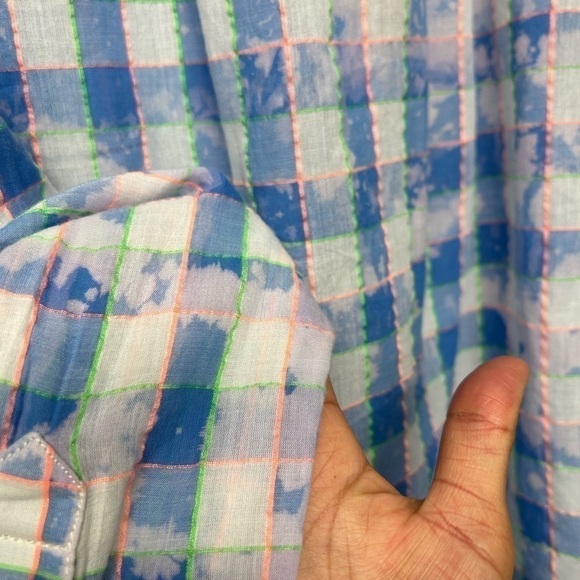 Anthropologie Pilcro and the Letterpress Blue Tie Dye Neon Plaid Button Down Top - Picture 5 of 7